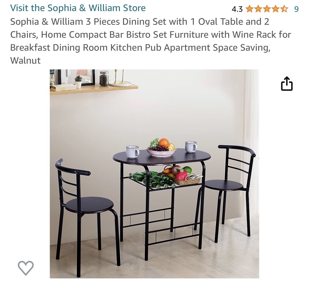 Sophia & William 3 Pieces Dining Set with 1 Oval Table and 2 Chairs, Home Compact Bar Bistro Set Furniture with Wine Rack for Breakfast Dining Room Ki