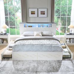 Modern King Size Wood Bed Frame with Charging Station and LED Lights
