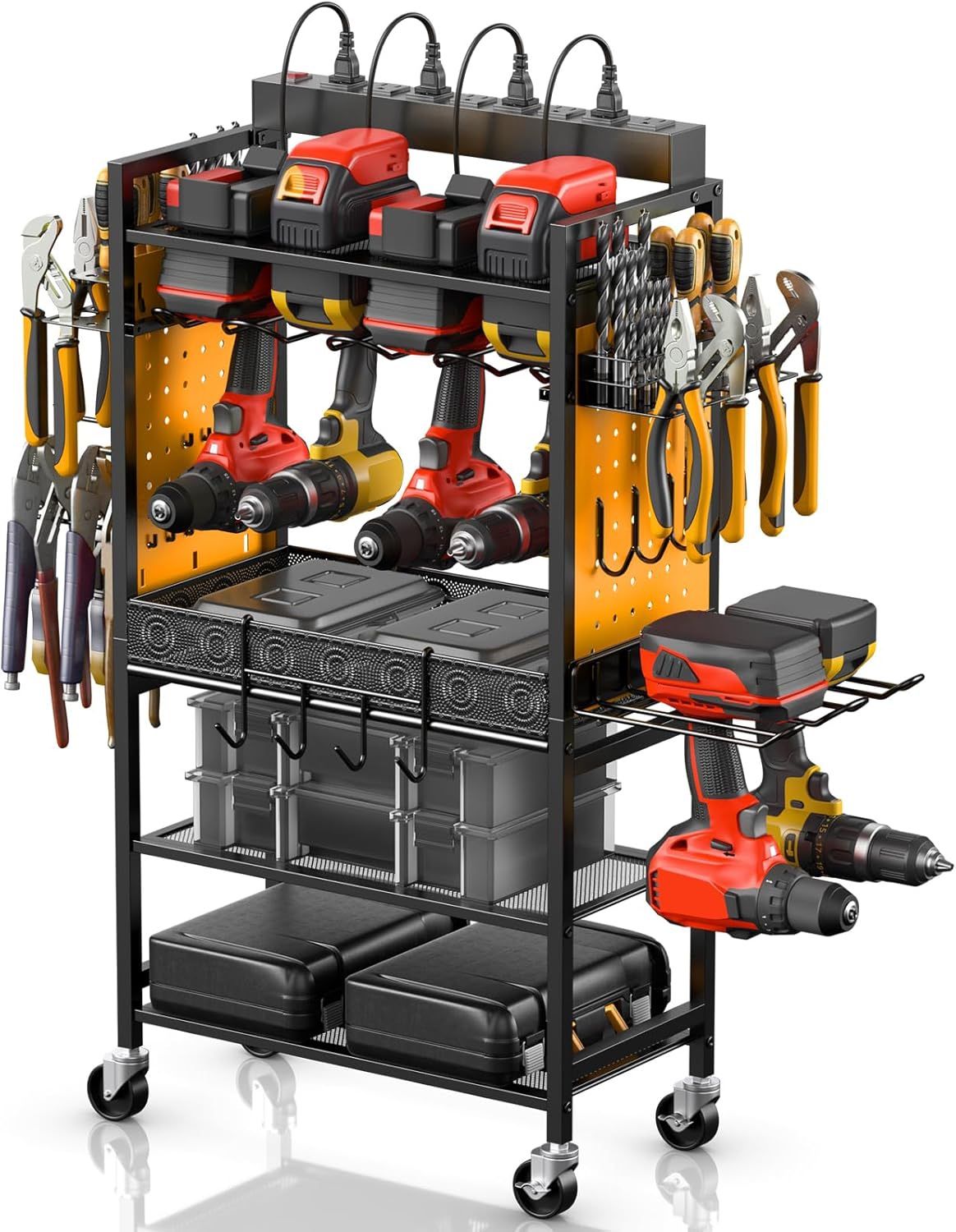 Power Tool Organizer Cart – Charging Station, Pegboard, Drill Holders, Rolling Garage Storage – Great Condition