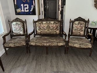 Antique Carved Wood Loveseat & 2 Chair Set