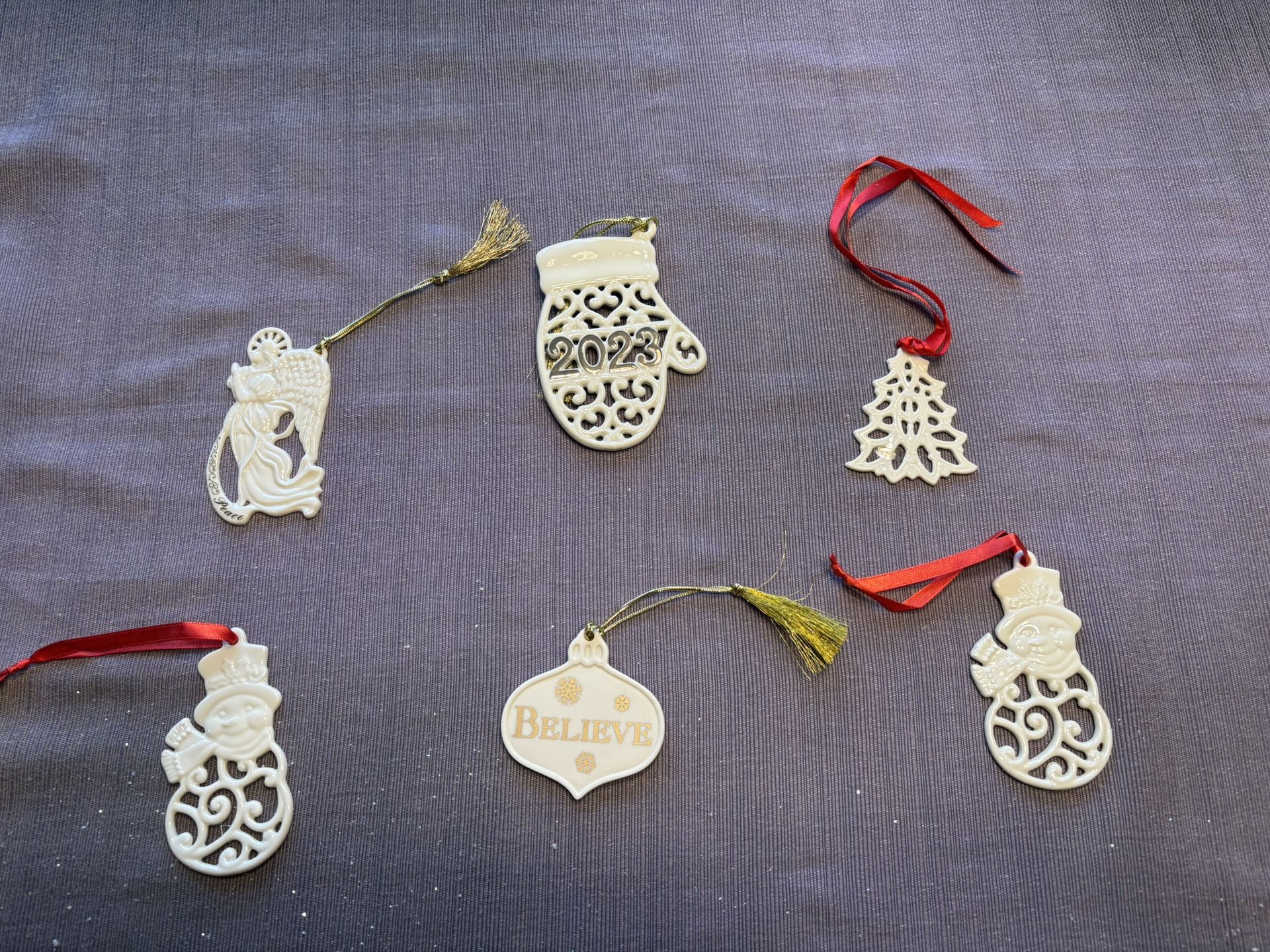 Lenox Christmas Ornaments, lot of 6, new condition. 2 Pierced Snowman Charms, Vintage Peace Angel, A Year To Remember, Pierced Tree Charm, Believe Ch