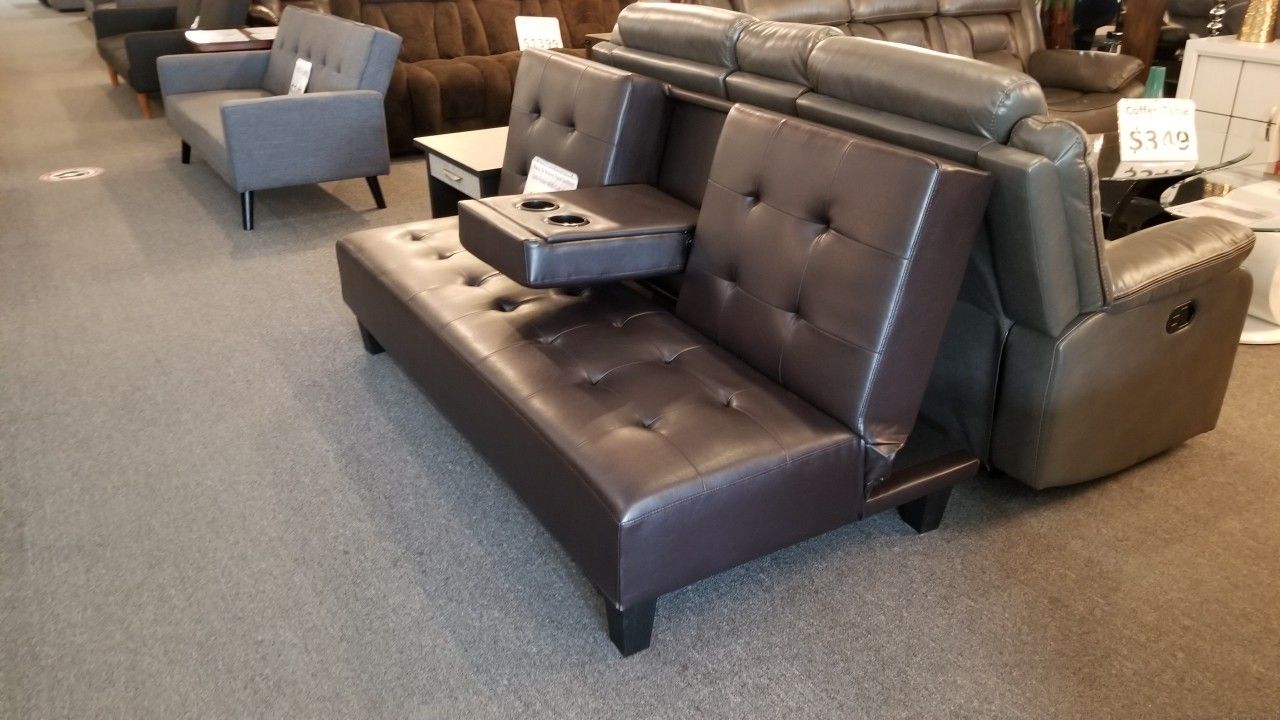 Brand New 78" x 44" Brown Faux Leather Sofa Futon With Cup Holders