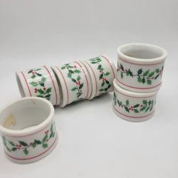 Vintage Colonial of Cape Cod Porcelain Napkin Rings Christmas Holly Set of 6