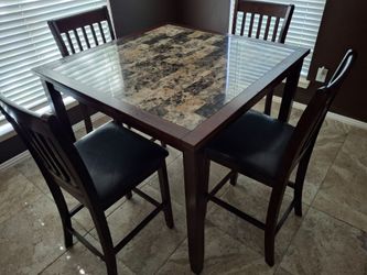 Wooden brown marble design tile top dining table with matching chairs