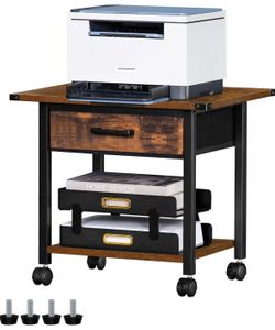 Brown 2-Tier Industrial Mobile Printer Table Desk with Storage Shelf and Steel Frame Printer Cart
