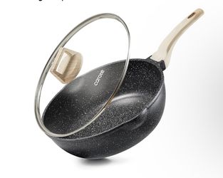 CAROTE 12Inch Nonstick Deep Frying Pan with Lid, 5.5 Qt Jumbo Cooker Saute Pan with Pour Spout, Skillet Induction Cookware, Non Stick Cooking Pan PFOA