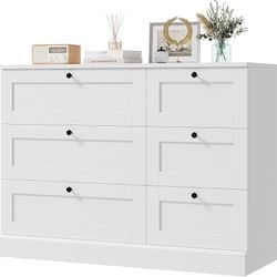 6 Drawer Dresser, White Dresser for Bedroom, Wood Chest of Drawers, Wide Double Dresser, Modern Drawer Chest for Living Room, Entryway, Hallway, White