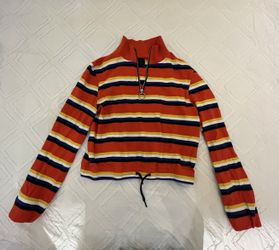 ZINE INDIANA MULTI STRIPE ORANGE QUARTER ZIP CROP SWEATSHIRT