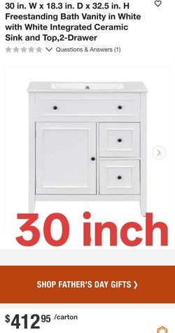 30 in. W x 18.3 in. D x 32.5 in. H Freestanding Bath Vanity in White with White Integrated Ceramic Sink and Top,2-Drawer