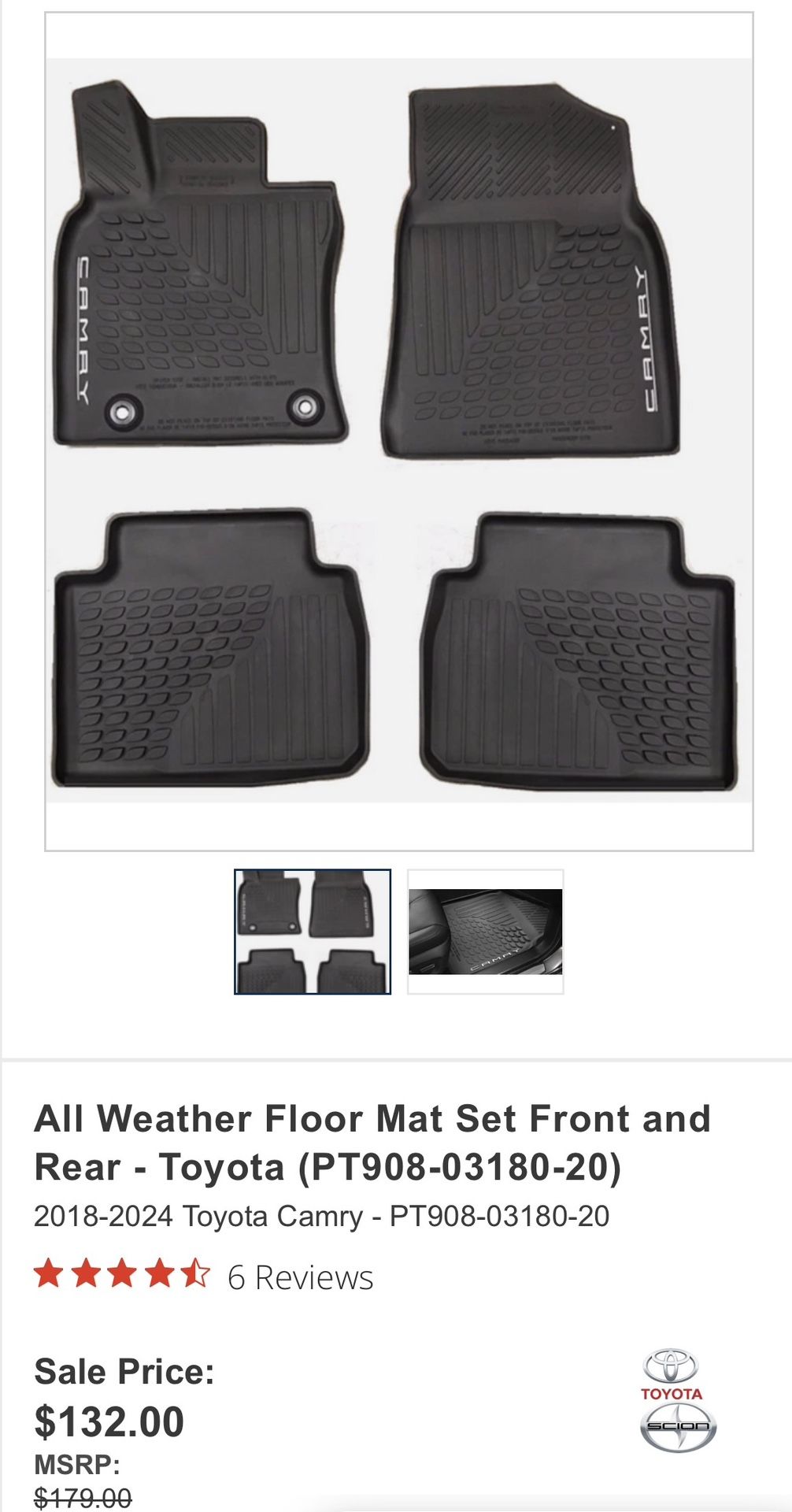Toyota Camry All Weather Floor Mat Set Front and Rear