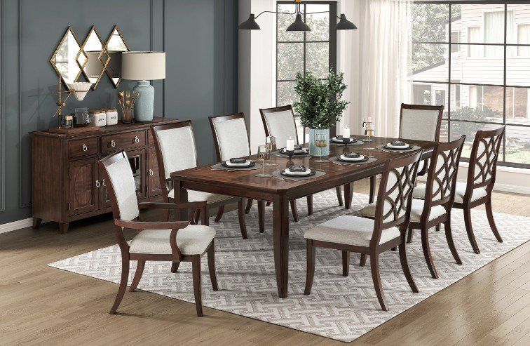 Meticulously crafted cherry finish large dining set w/extension leaves