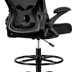 Drafting Chair, Tall Office Chair Ergonomic Standing Desk Chair, Lumbar Support Computer Chair Swivel Task Rolling Chair with Adjustable Flip-up Armre