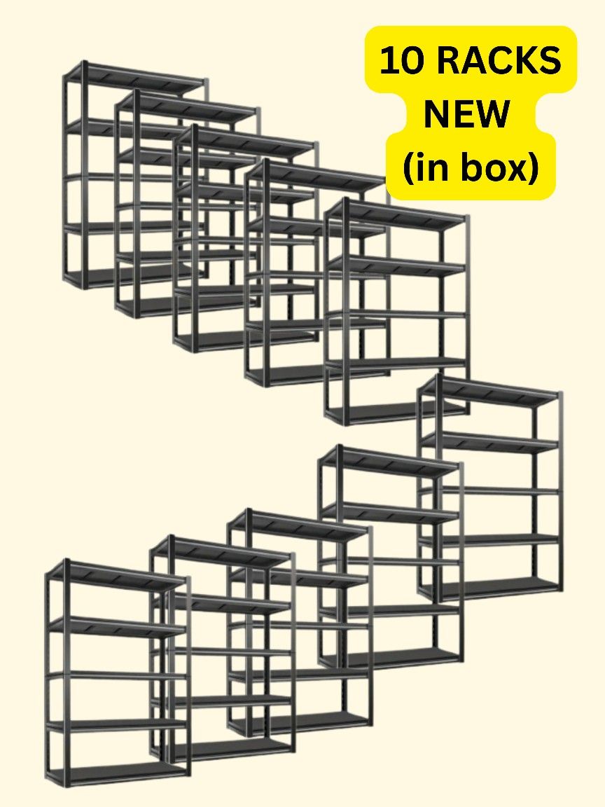(Set Of 10) BRAND NEW IN BOX, All Black Metal Shelves 72" Tall