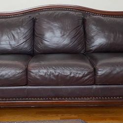 Matching Dark Brown Leather Sofa + Loveseat + Carved Glass Coffee Table + end/side table