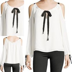 VV+ collection white off-the-shoulder blouse with black patterned tie details XL