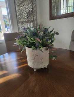 Faux Flowers In Etched Ceramic Vase