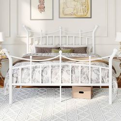 14 Inches Queen Size Metal Platform Bed Frame with Elegant Crown Iron-Art Headboard & Footboard, Sturdy Mattress Foundation with Under-Bed Storage, Ea