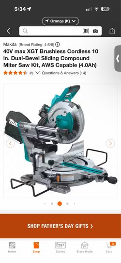 Makita (Brand Rating: 4.6/5) O 40V max XGT Brushless Cordless 10 in. Dual-Bevel Sliding Compound Miter Saw Kit, AWS Capable (4.0Ah)$850
