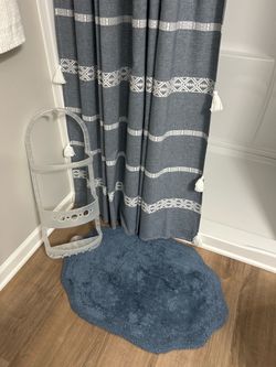 Blue tassel, shower curtain, with liner, with rug, with hooks, hanging shower caddy