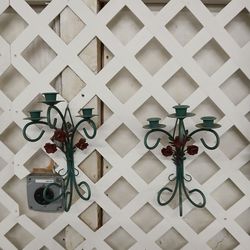 Vintage Pair Green Metal Rose CandleSconce, Candlestick Holder