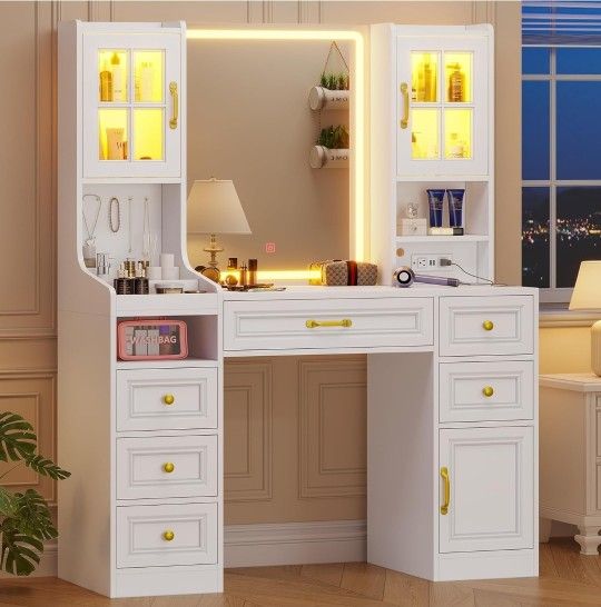 White Vanity Desk with Touch Screen Mirror and Lights