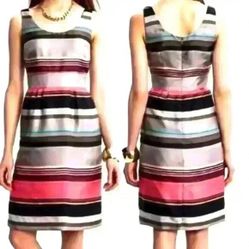 Banana Republic Silk  Satin Gray Taupe Coral Pink Multi Stripe Dress - size XL