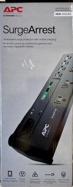APC Surge Protector strip with a 6ft cord, 8 outlets, & 2 USB ports.