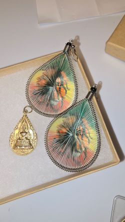 Asian Tiger Thread Earrings & Thai Buddha Monk Amulet Pendant Gift Set