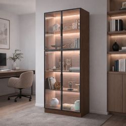 New Modern Display Cabinet with Glass Doors & LED Lights, 4-Door Tall Bookcase Storage Cabinet for Living Room, Home Office or Study, New in box MH10