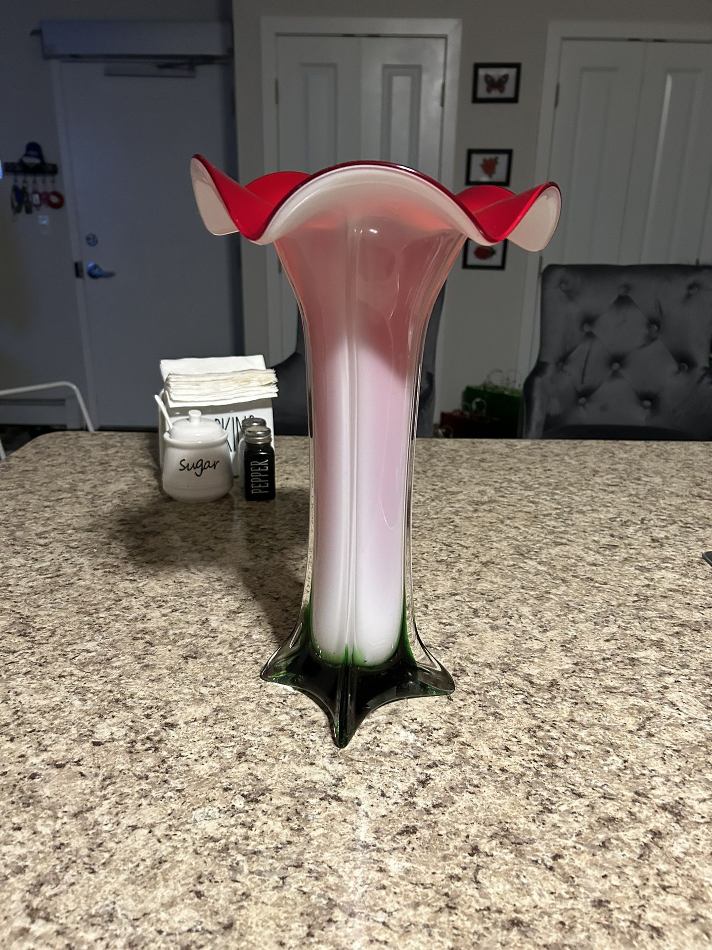 Red, White And Green Blown Glass Vase