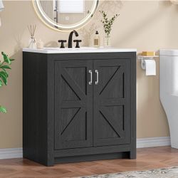 Farmhouse Bathroom Vanity with Sink, Freestanding Bathroom Vanities with Ceramic Basin & Soft-Close Door, Wood Storage Cabinet with Adjustable Shelf f