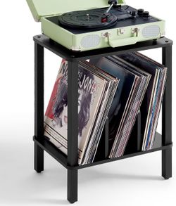 Black 2-Tier Record Player Stand with Vinyl Record Storage up to 100 Albums, Bedroom Record Holder