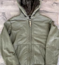 Khaki & green American Eagle Outfitters zip up hoodie with perfect distressing and fur inside