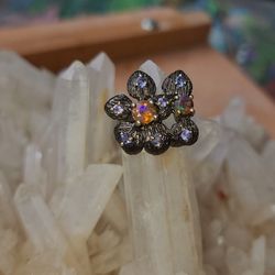 Orange Opal  And Amethyst Black Rhodium Over Solid Sterling Silver  Size 8