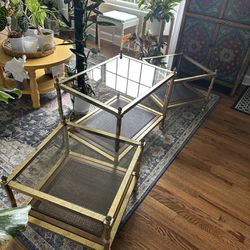 1960s Maison Jansen Neoclassical Gilt Metal and Wicker With Glass Inset Coffee Table And 2 Side Tables