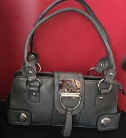 LRL Gray Shoulder Bag Double Handles Silver Buckle Metal Plate Accent