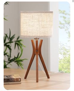 EDISHINE Mid Century Table Lamp, 17.5" Tripod Bedside Lamp with Deep Wood Color Light Base & Beige Linen Lampshade, Nightstand Lamp for Bedroom, Livin