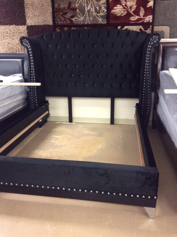 New Black Velvet King Platform Bed