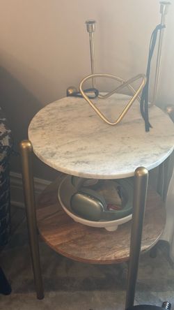 Heavyavy￼ Round Marble Top Side Table with Gold Legs mango wood second shelf and marble
