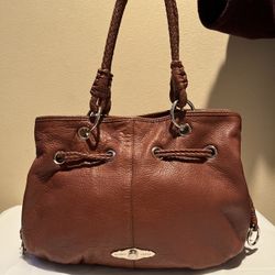 Elliott Lucca brown pebbled leather hobo bucket drawstring shoulder handbag