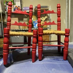 Vintage Wooden Painted Red Ladder Back Woven Doll Chairs