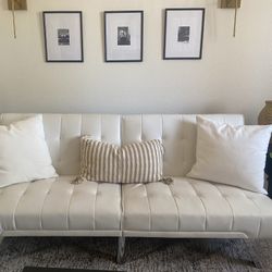 Modern White Faux Leather Futon Sofa – Excellent Condition