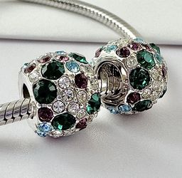 2 Charms For Pandora 925 Sterling Silver And Swarovski Crystals Green Purple Aqua Paved 