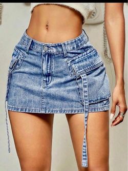Denim Cargo Mini Skirt with Straps