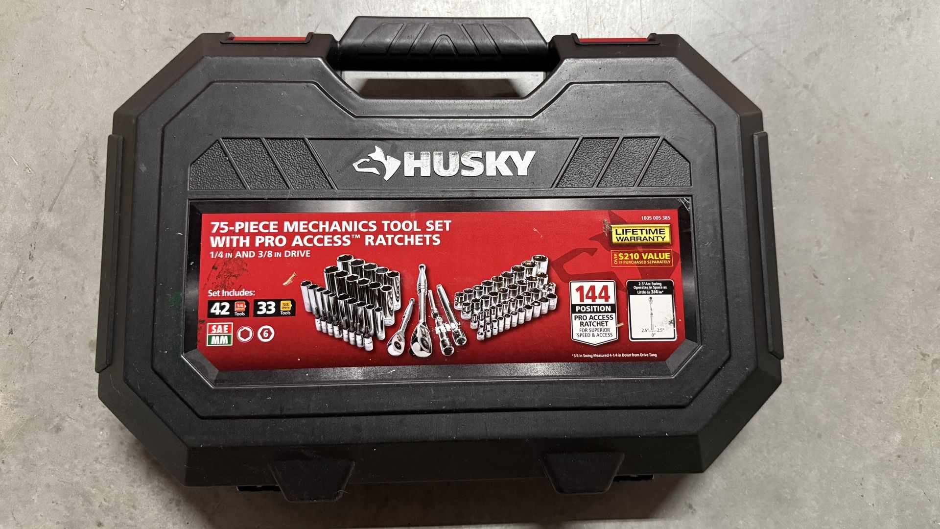 Husky 75‑Piece Mechanics Tool Set ¼″ & ⅜″ Drive Ratchet Wrench Socket Case – Good Used