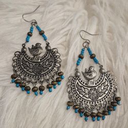 Vintage Silver Tone Bird on Crescent Moon Dangle Earrings,