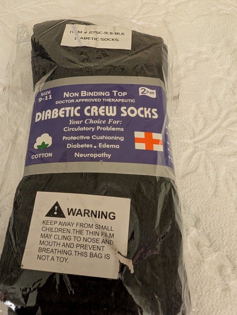 2 New Pairs Black Cotton Crew Diabetic Socks