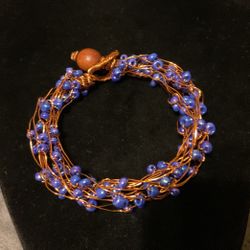 Bronze Wired And Blue Beaded Bracelet With Wooden Clasp 