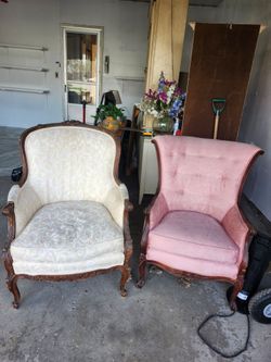 2 livingroom chairs-antique white & pink