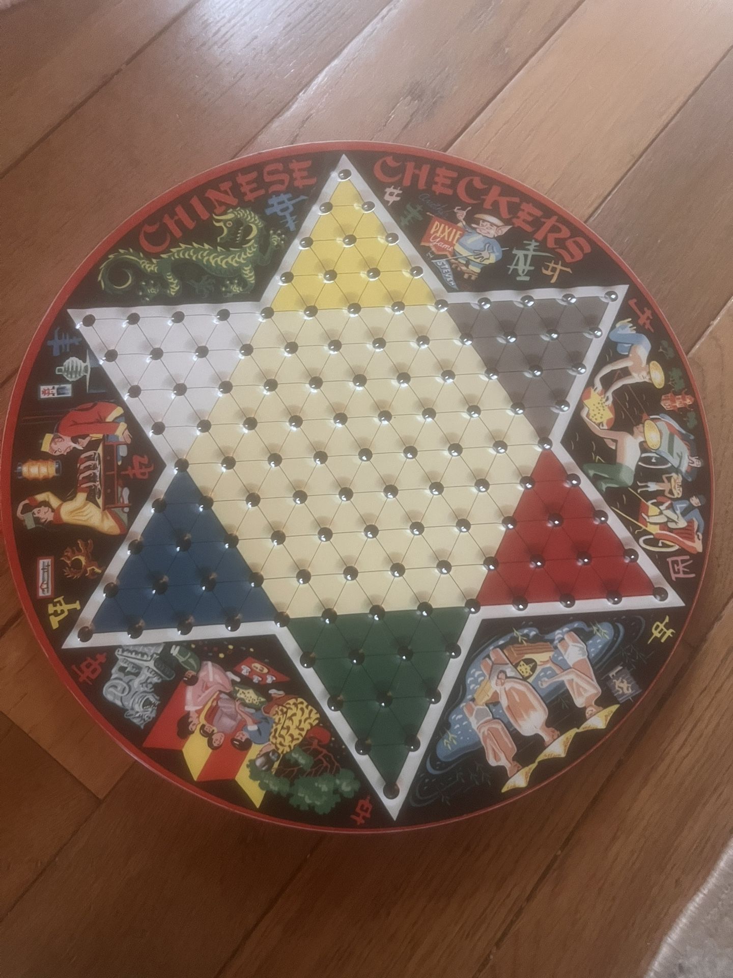 Vintage Metal Tin Art Chinese Checkers Game no play pieces